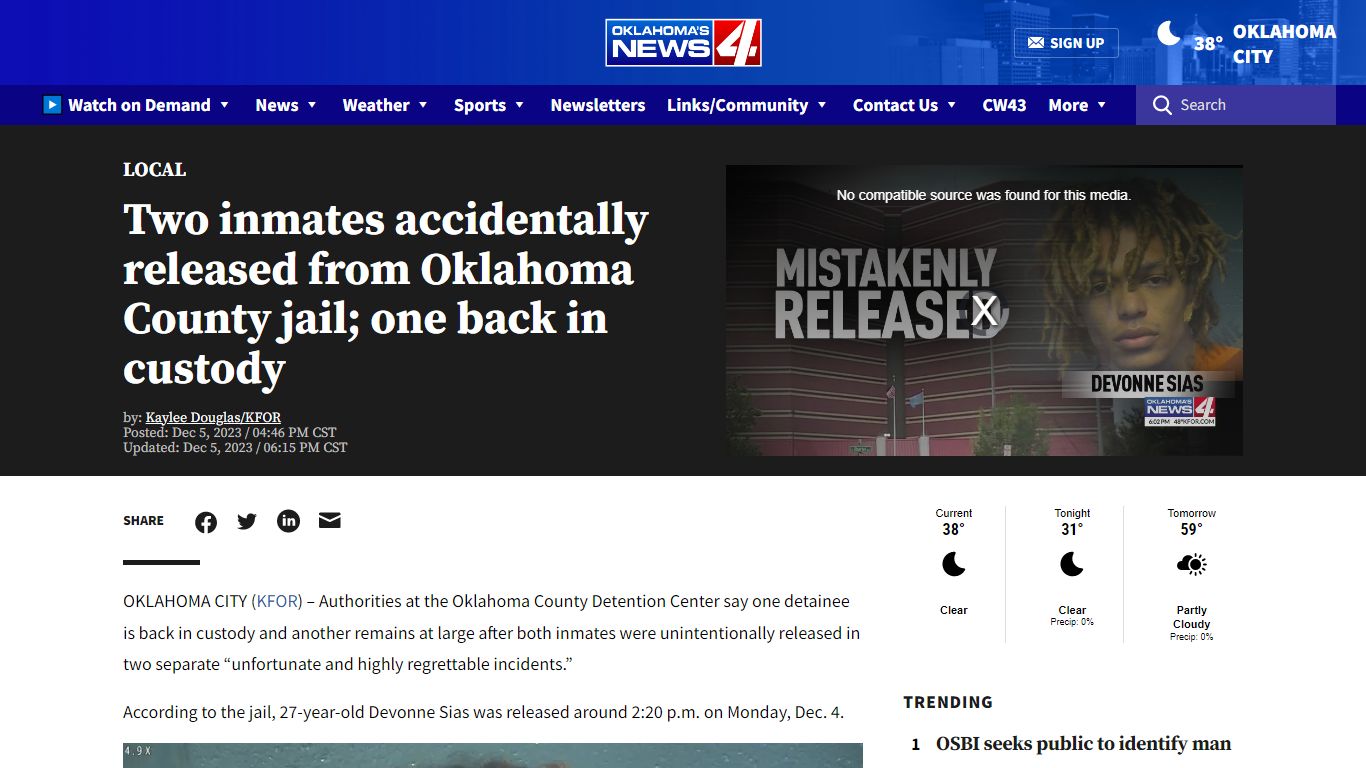Two inmates accidentally released from Oklahoma County jail; one back ...